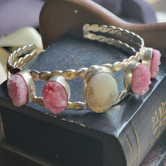 Sterling Silver Pink Druzy and Jasper Cuff Bracelet Handmade - Picture 3 of 6